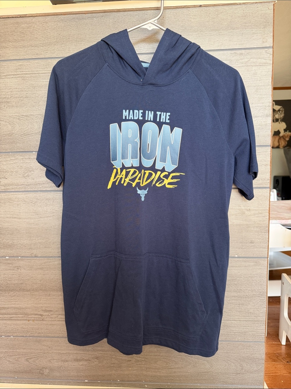Under Armour Navy Short-Sleeve Hooded T-Shirt with 'Iron Paradise' Graphic